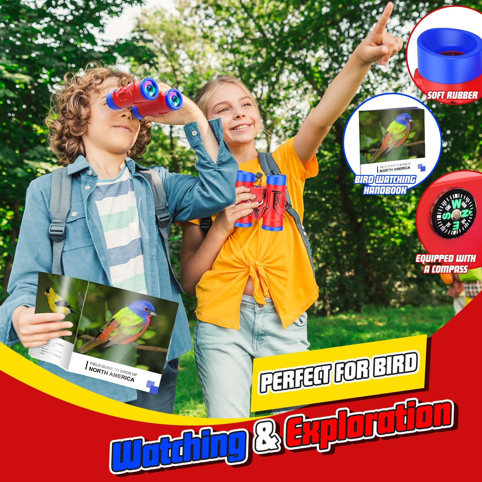 JovialToyz Binoculars for Kids Ages 3-8 Boy Toys with Compact, Red