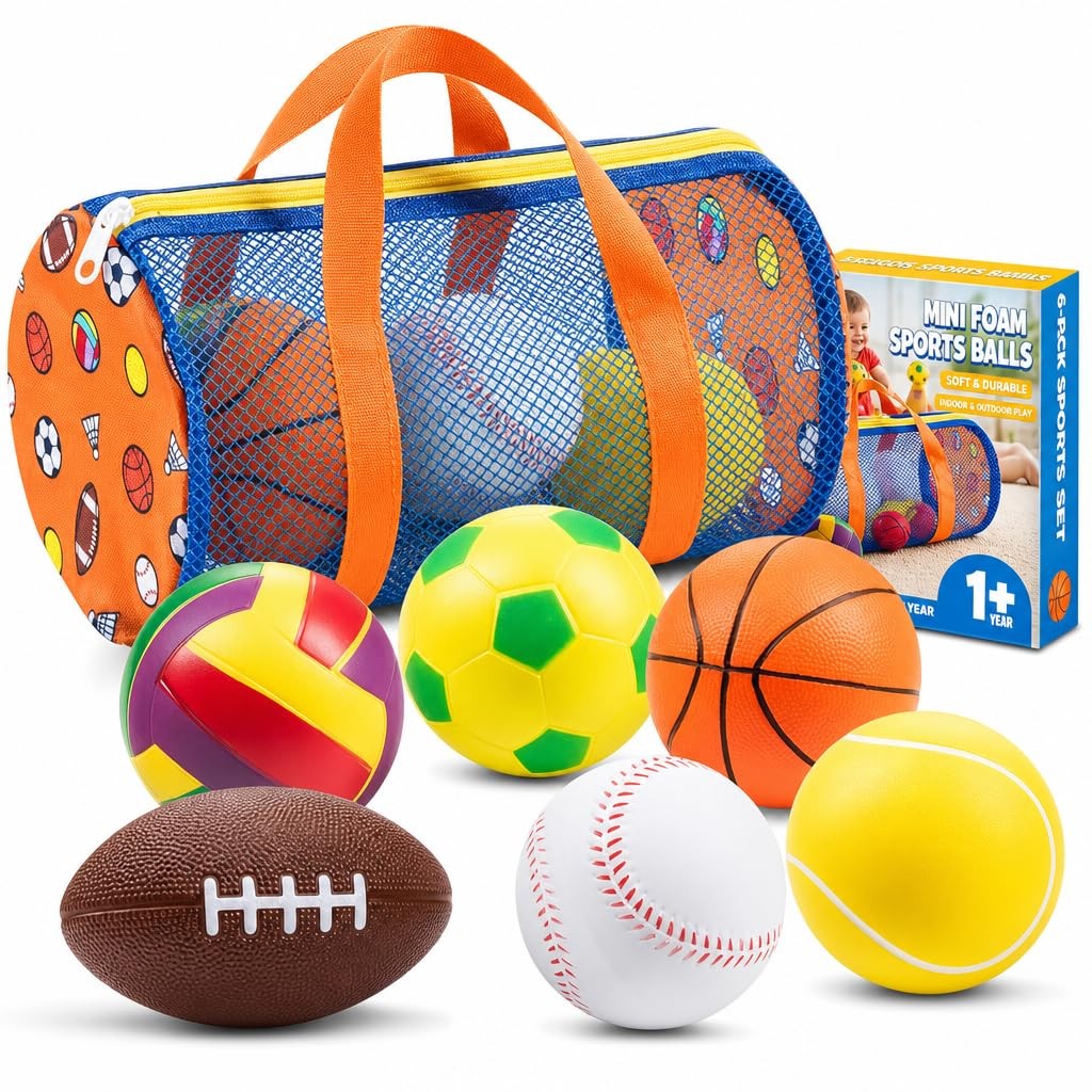 Sports Balls for Toddlers 1-3, 6 Piece Soft Sports Balls with Foam Soccer, Ba…