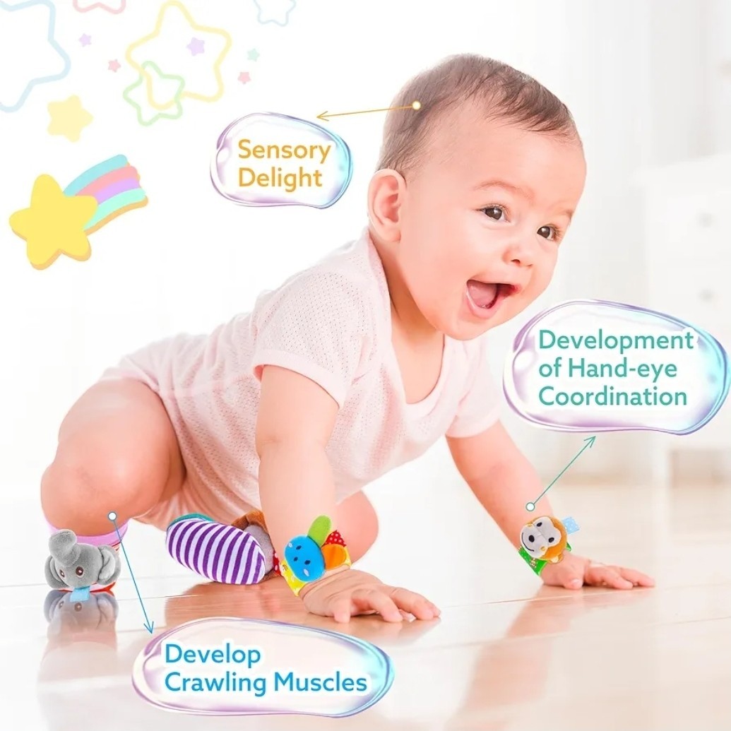 Animal Theme Wrist & Ankle Rattles Set for Babies, Multicolor, 0-12 Months