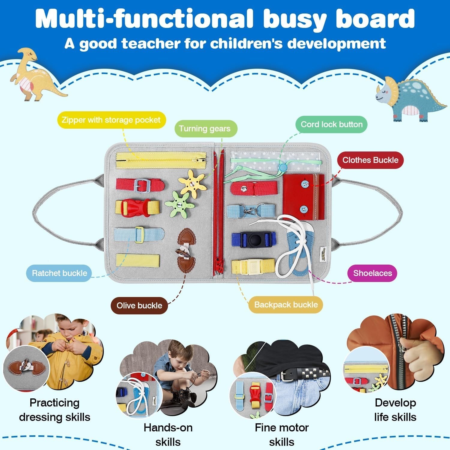 Gray Montessori Busy Board – 8 Interactive Pages for Learning Fine Motor Skills