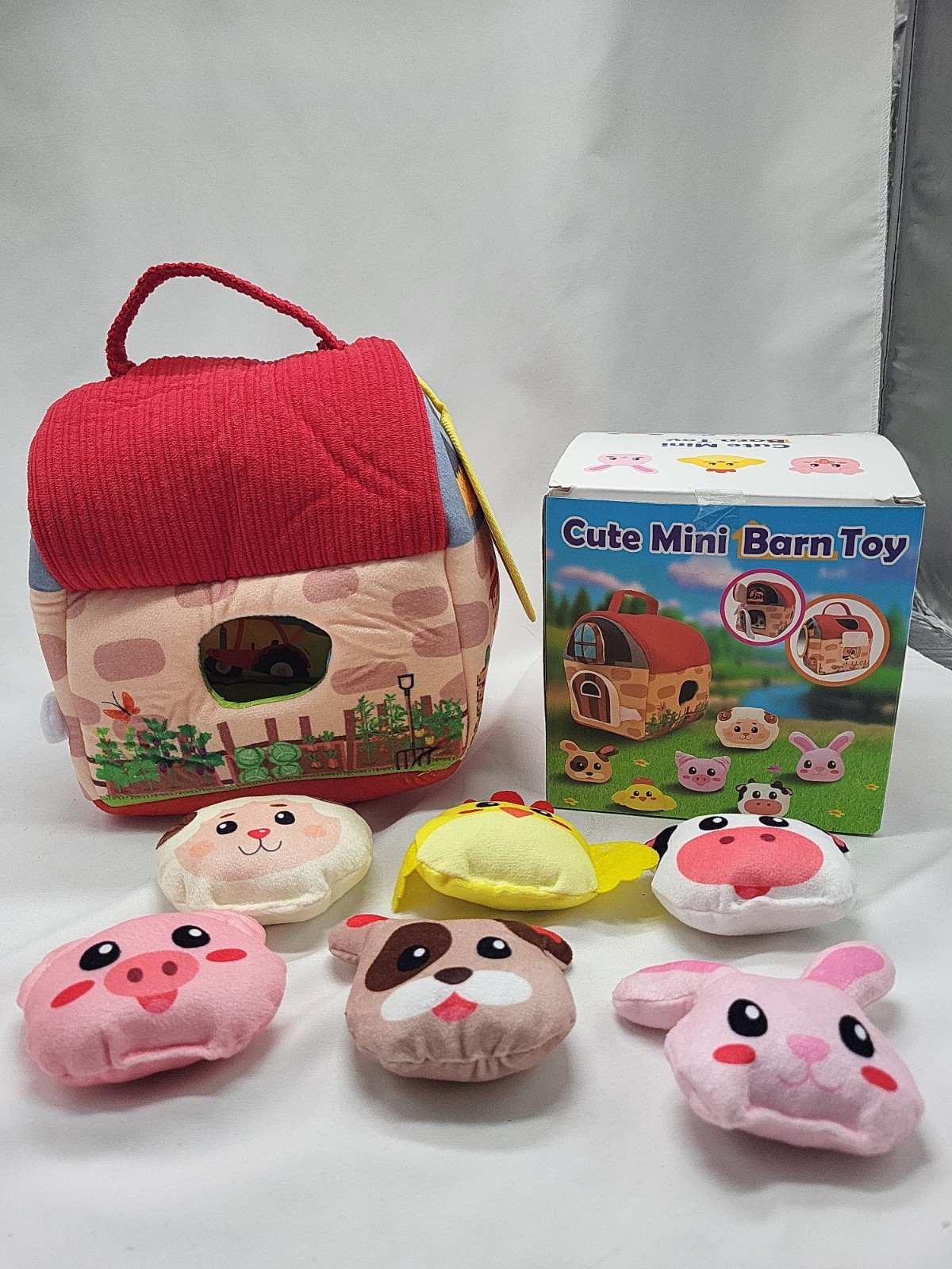 Cute Mini Barn Toy W/6 Farm Animals – Soft Plush – Interactive Play – 6 Months+
