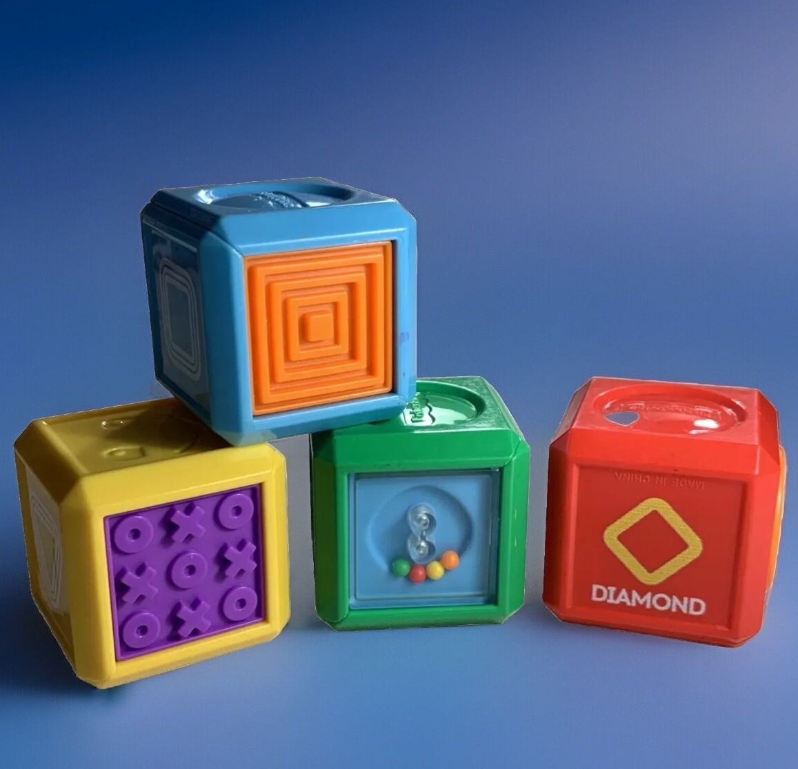 FISHER PRICE 4 Blocks Activity Cubes Tactile Toys Stack Shapes Clean Colorful