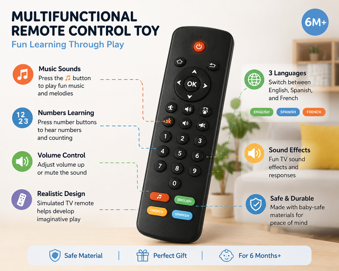 Baby Remote Control Toy for Toddlers 6M+ Musical Learning Toy w/ Lights Sounds