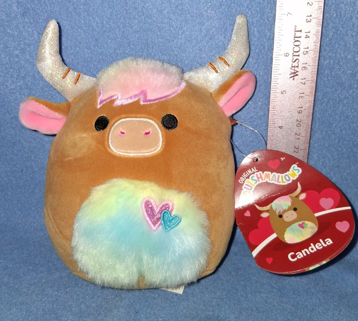 Candela Squishmellows Plush Scottish Hiland Cow 7″ Tall NWT Hearts Horns Tye Dye