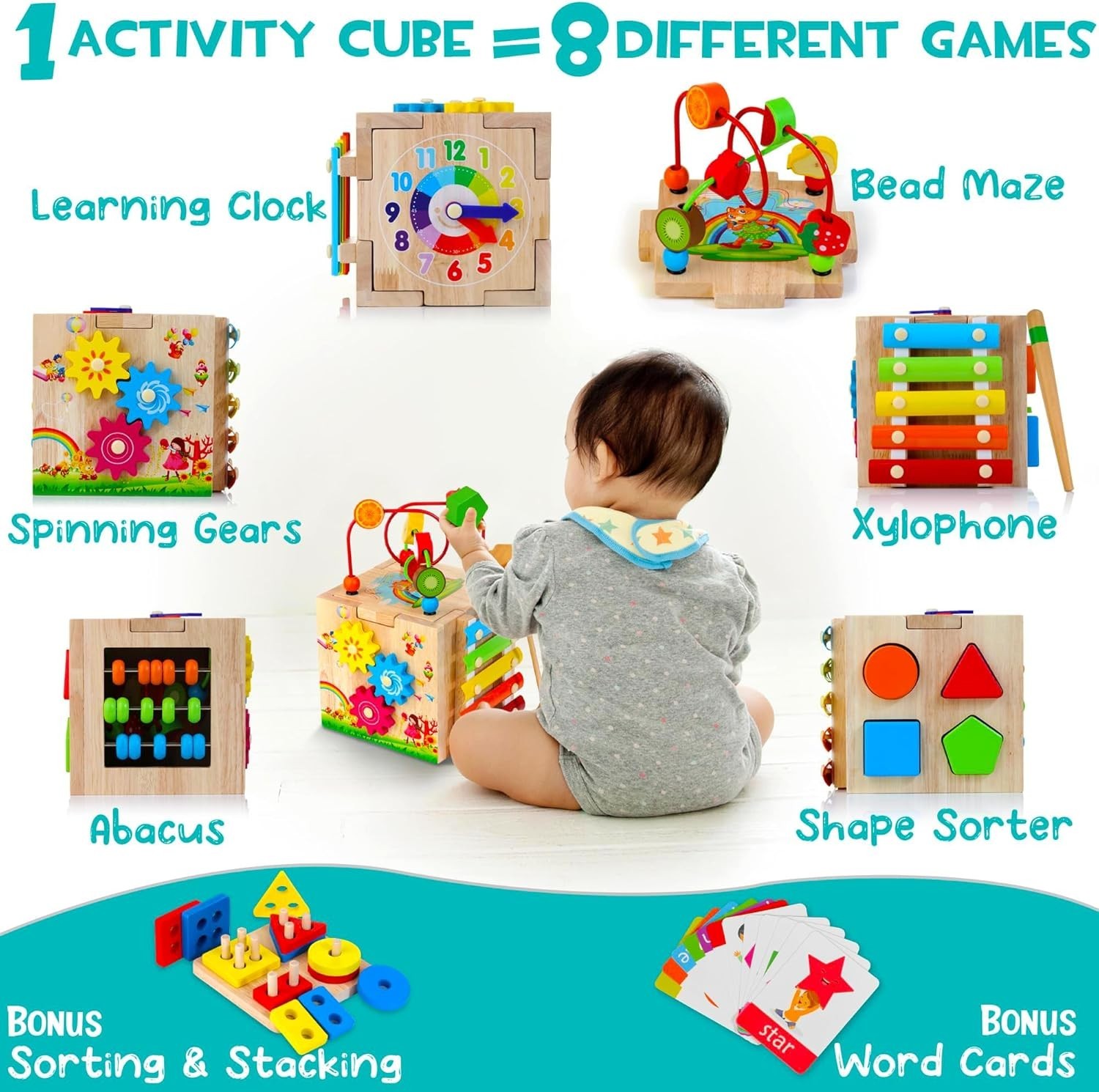 Wooden Activity Cube With Bead Maze 8 n 1 Baby Activity Cube