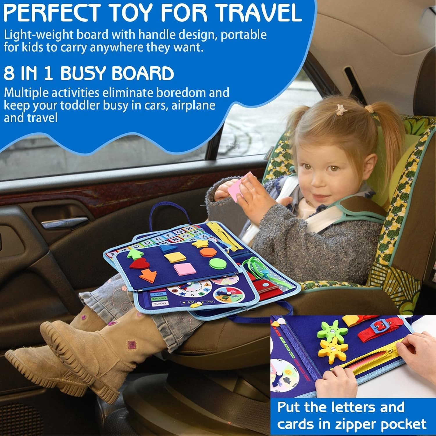 Blue Dinosaur Montessori Busy Board for Toddlers – 8 Pages of Fun Learning