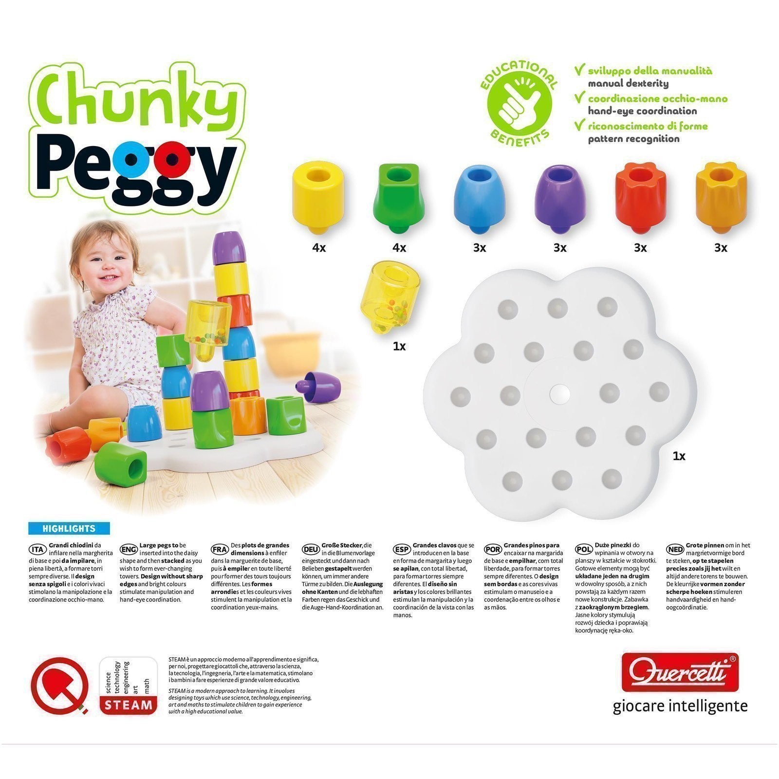 Quercetti: Chunky Peggy – 22pc Peg Blocks Stacking Toy, Shapes Sorting Set,…