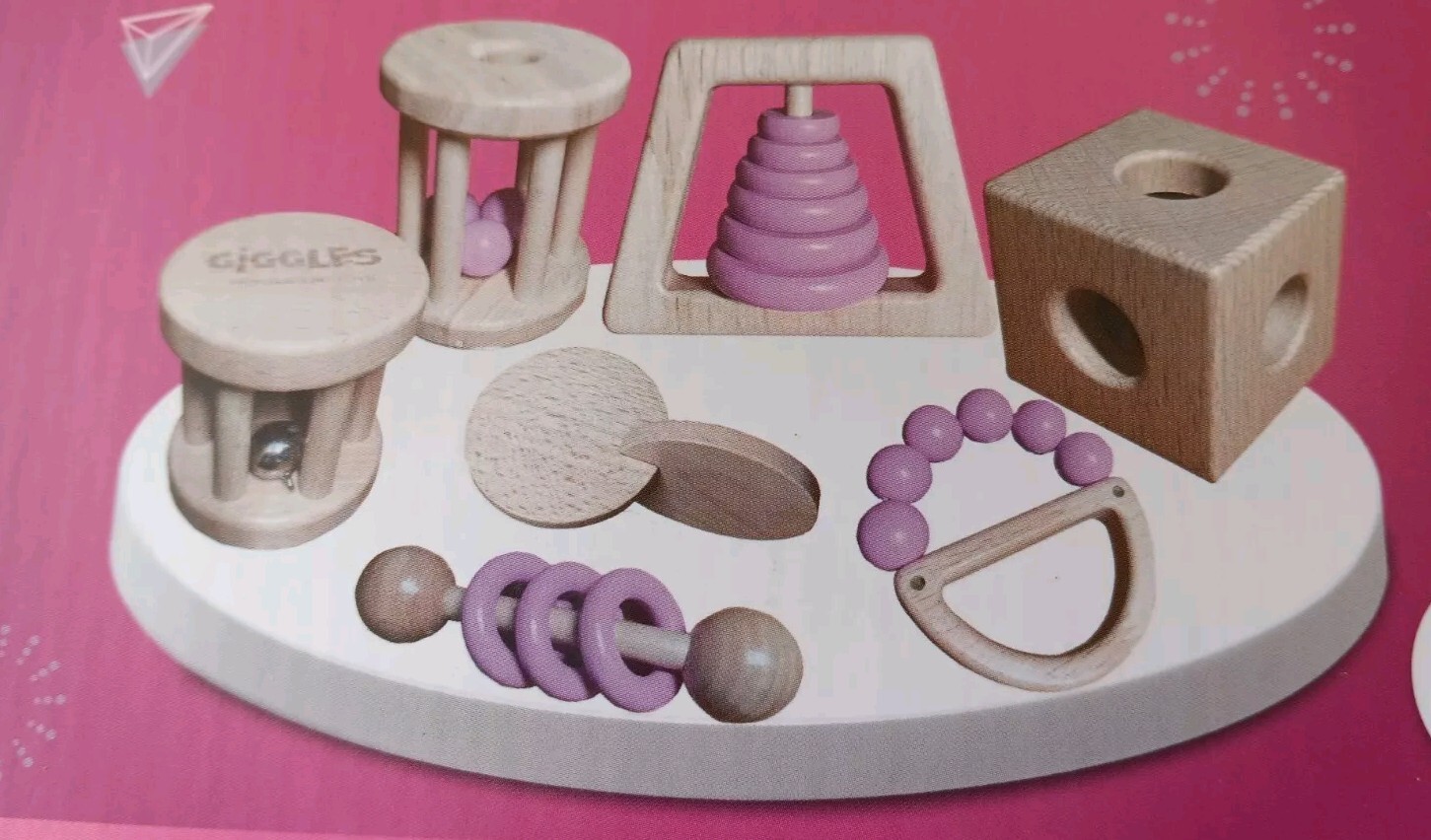 2) Giggles PINK & BLUE Wooden Montessori Toys For Babies 0-6 Months (7 Toys) NEW