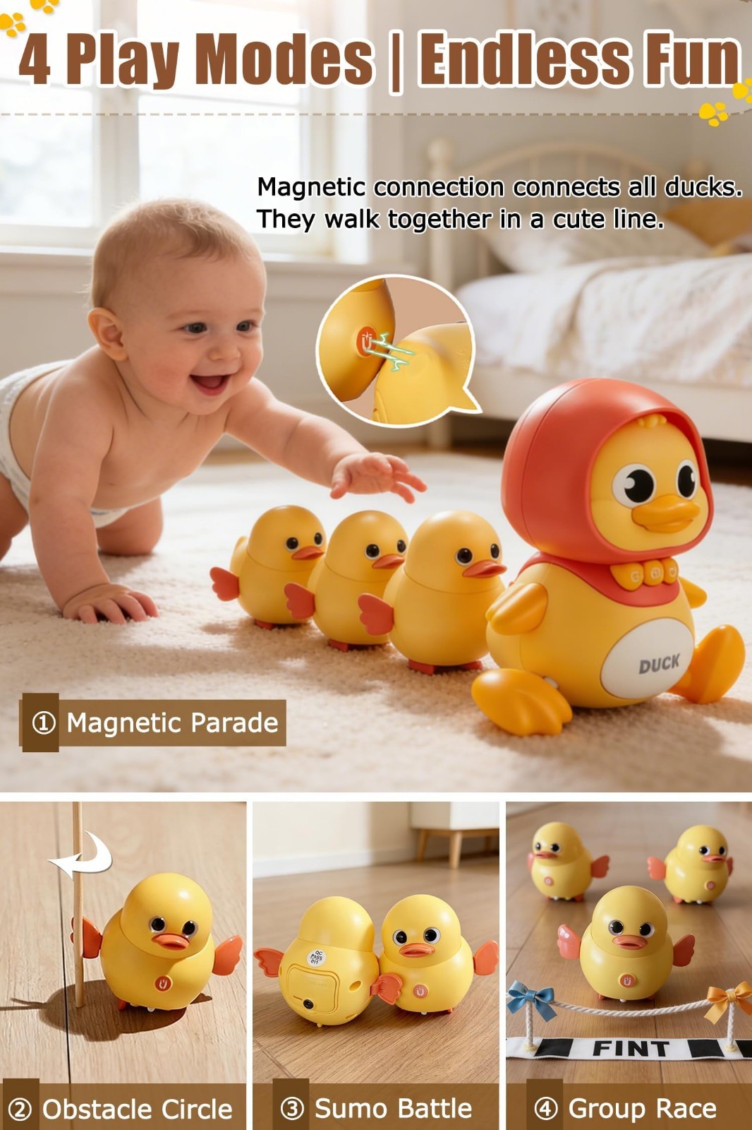 Baby Toys 6-12 Months Set of 4 Magnetic Ducks Family, Tummy Time Toys with Music