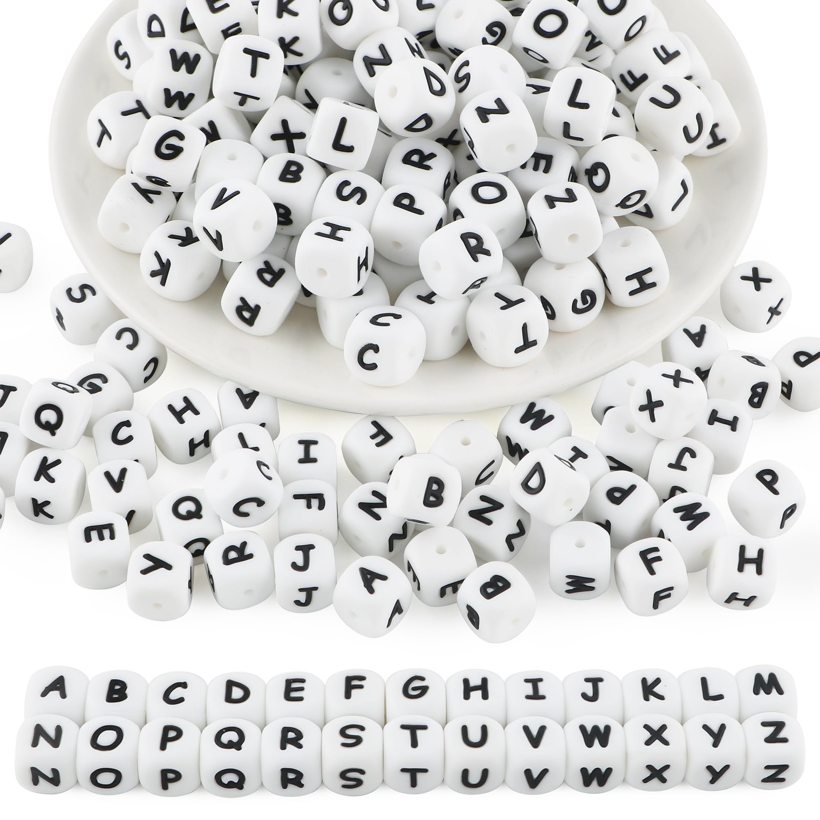130Pcs 12mm White Square Silicone Letter Beads A-Z, Cube Alphabet Silicone Be…