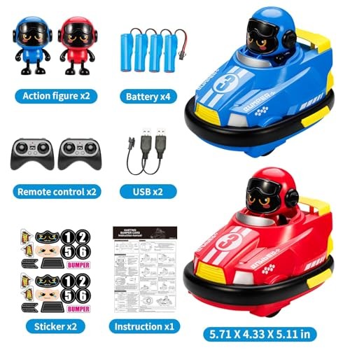 2 Pack Cute Cartoon Remote Control Bumper Car for Toddlers-Mini RC Red+Blue