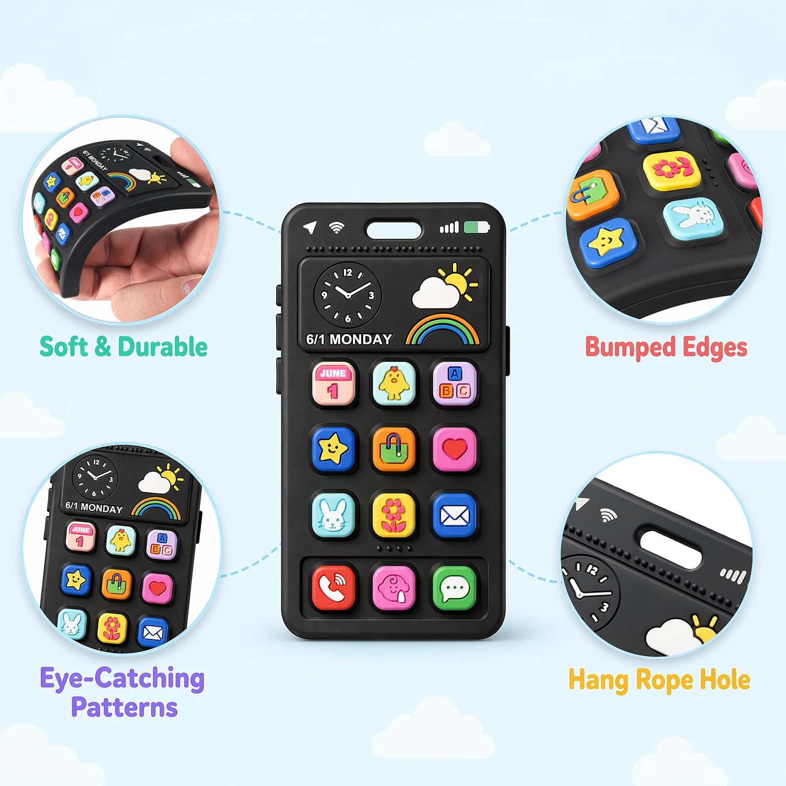 Baby Silicone Phone Teether, Realistic Mobile Teething Toy for Black 1