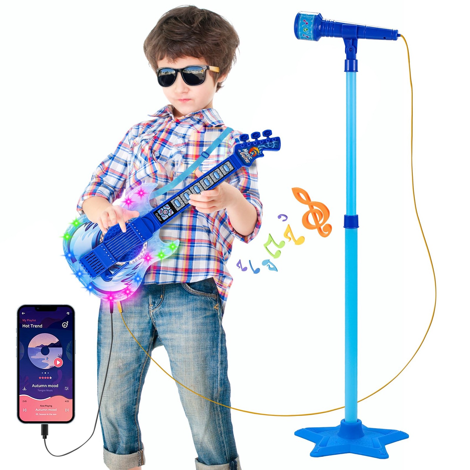 Guitar and Microphone Play Set for Boys,Karaoke Machine with Music&Light,Microph