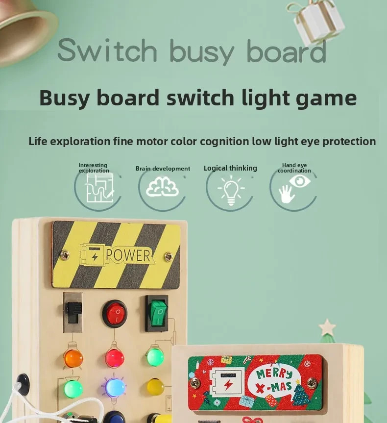Montessori Busy Board Wooden Switch Toy Lights 7″/18cm Toddler Learning