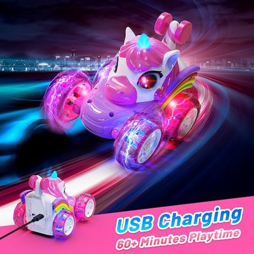 Carsky Unicorn Remote Control Car for Girls,Rechargeable 360°Stunt RC Cars