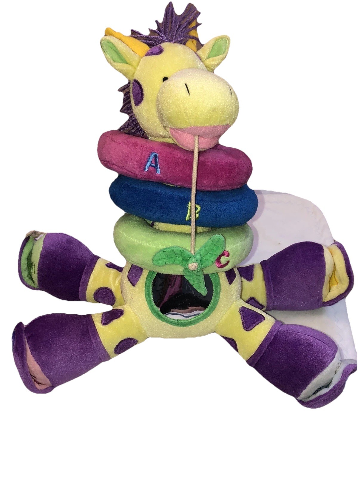Giraffe Baby Learning Toy Button Mirror Rings Primary Colors Stuffed Animal 14”