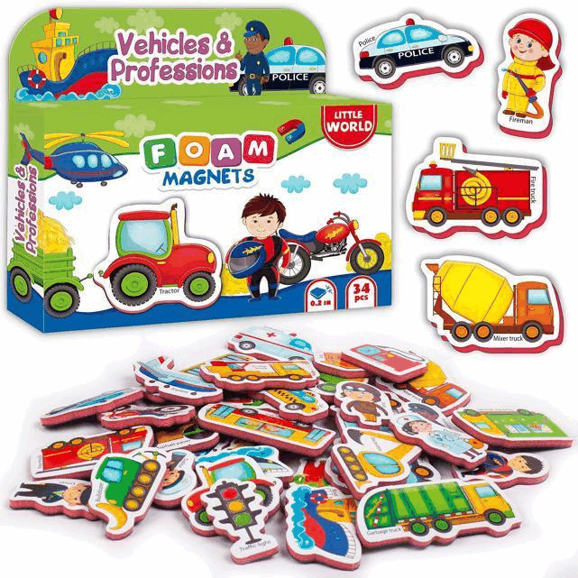 34 Foam Fridge Magnets for Toddlers 3 years Vehicles and Professions Magnets