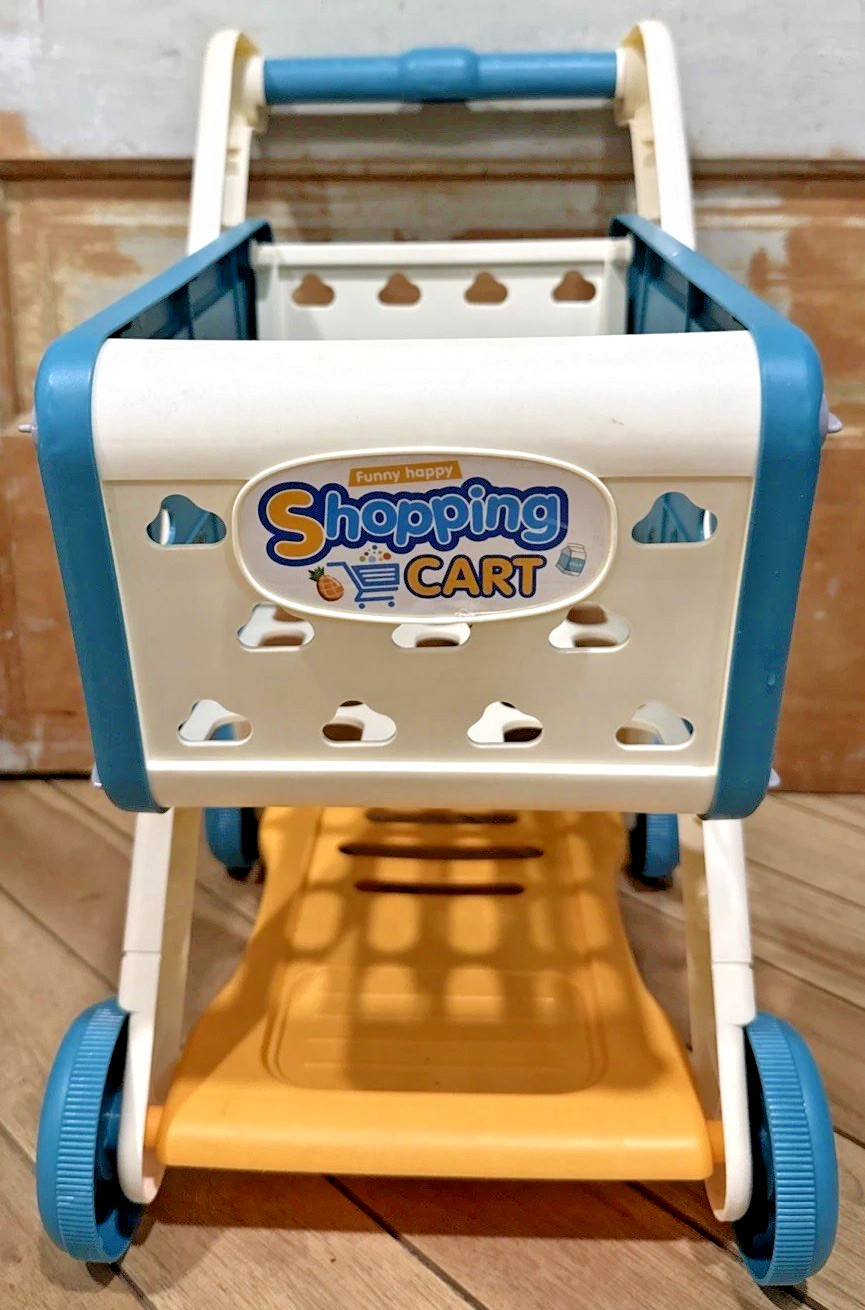 Funny Happy Shopping Cart Kids Pretend Play Toy Grocery Cart 18″ Blue White