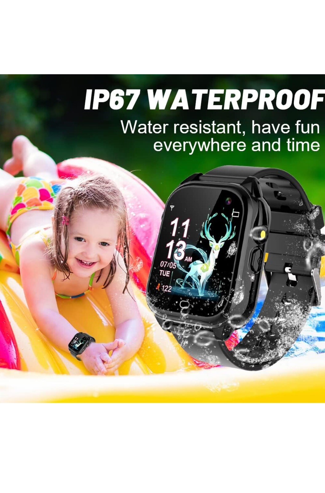 Waterproof Kids Smart Watch for 3-12 Years Old Boys Girls Toys with 26 Black
