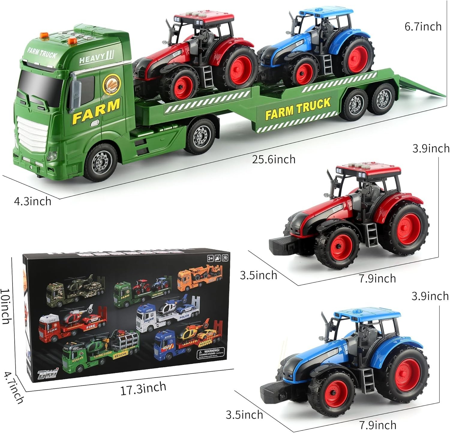 Large Flatbed Semi Truck Toy for Kids,Includes Farm Vehicles,Car Toy Birthday Gi