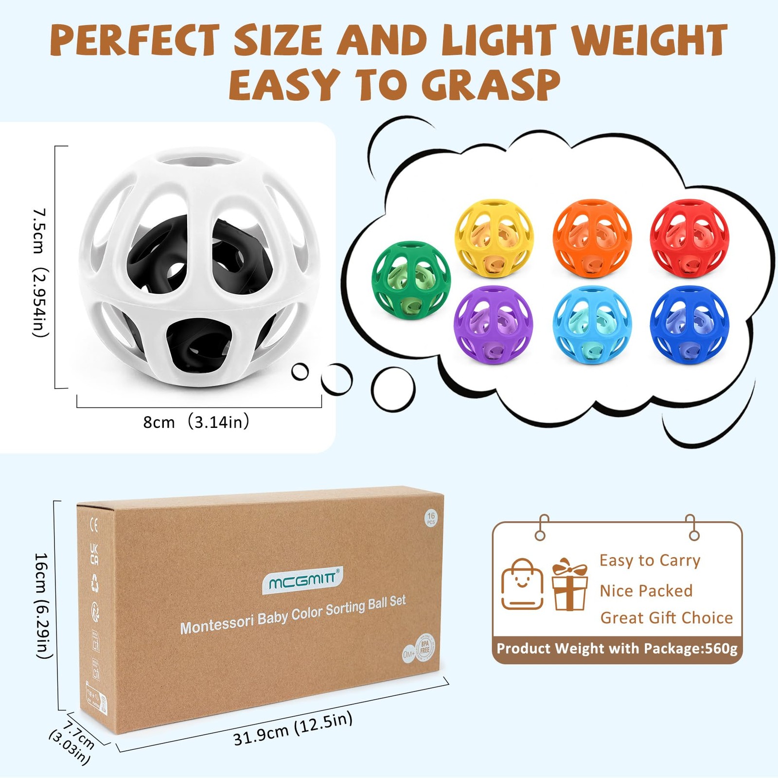 MCGMITT Baby Ball Toy with Holes, 8PCS Easy Grip Food Grade Medium, Colorful