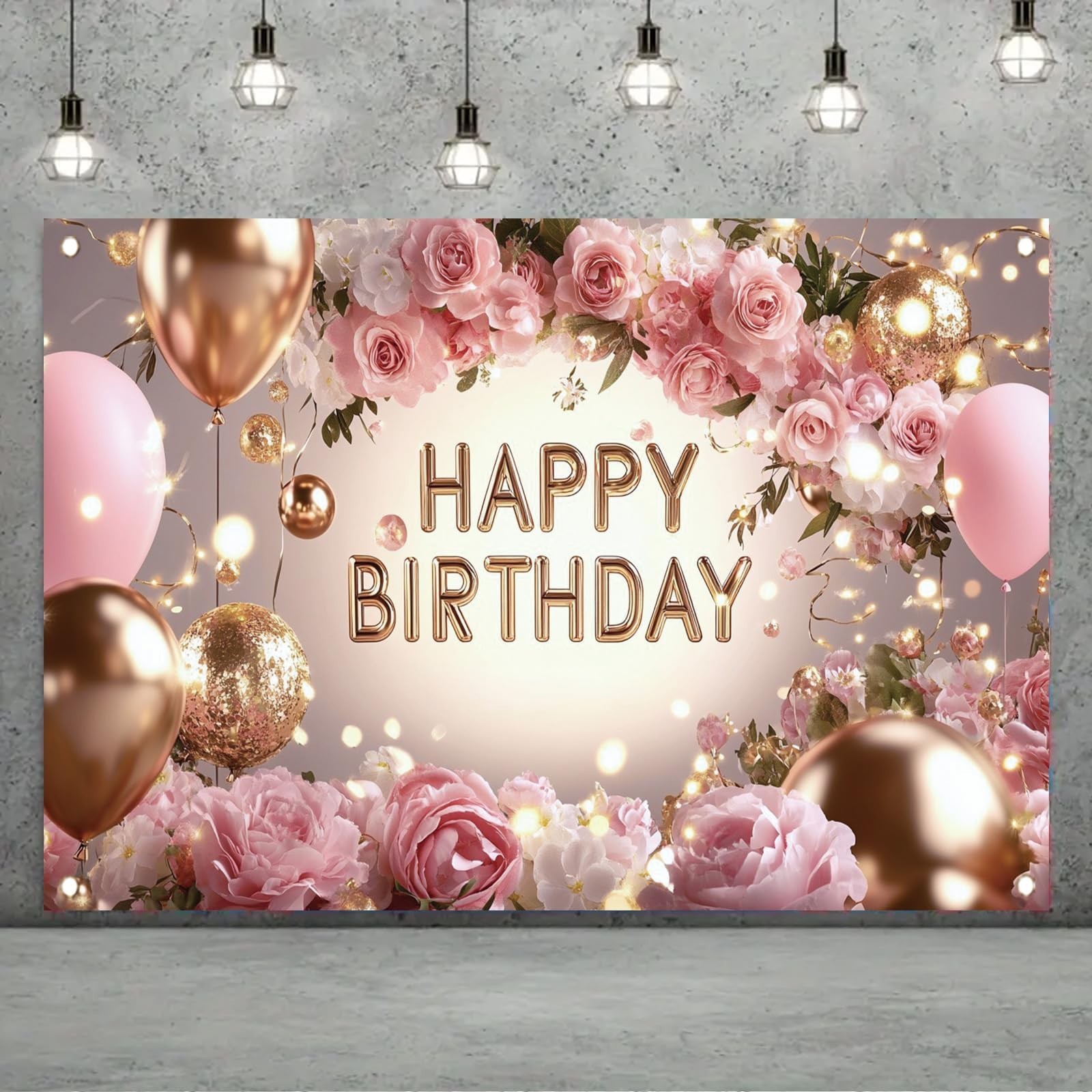 Pink Rose Happy Birthday Backdrop Banner Gold Glitter Crown Photography Backg…