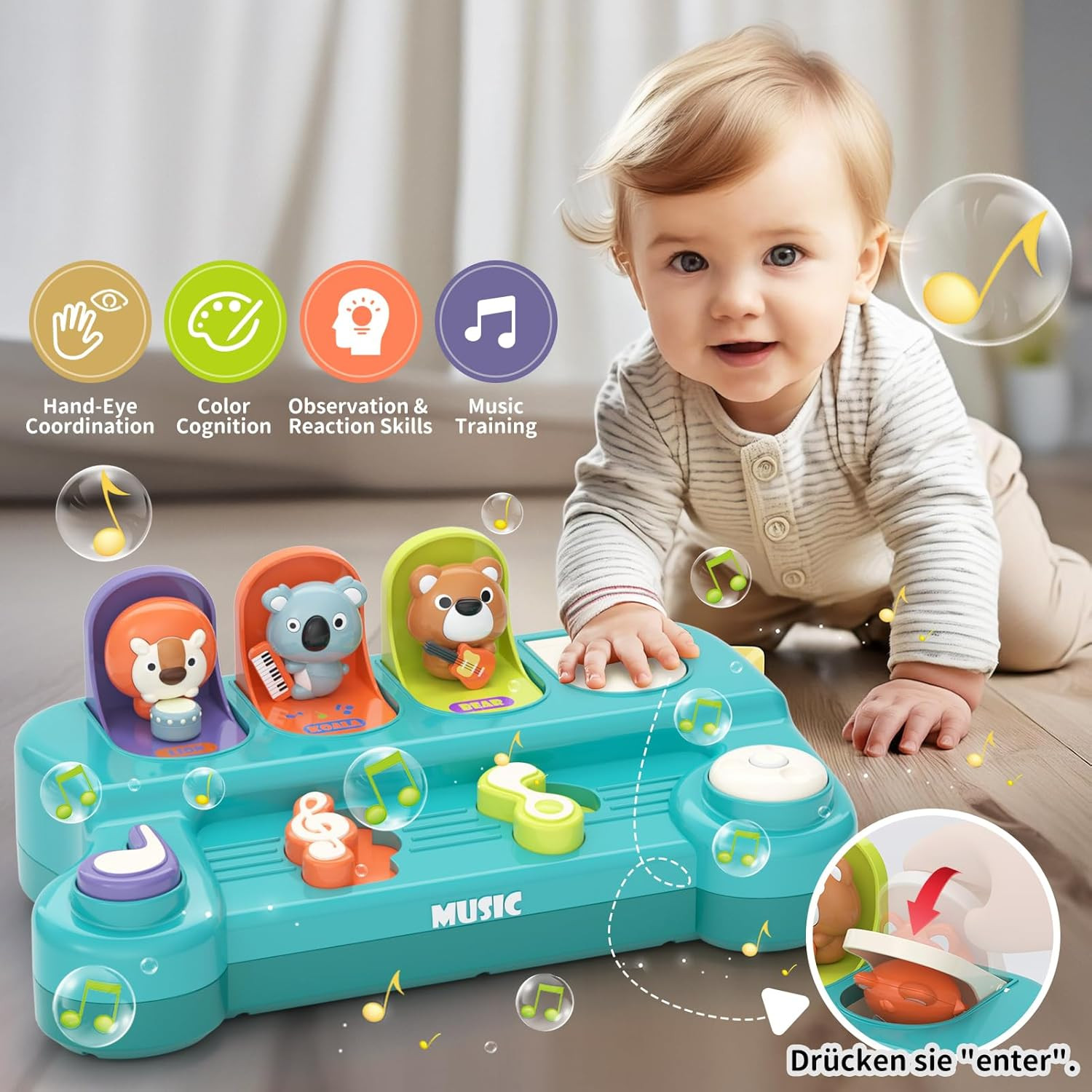 Musical Interactive Pop-Up Animal Toy for 1-2 Year Olds, STEM Gift