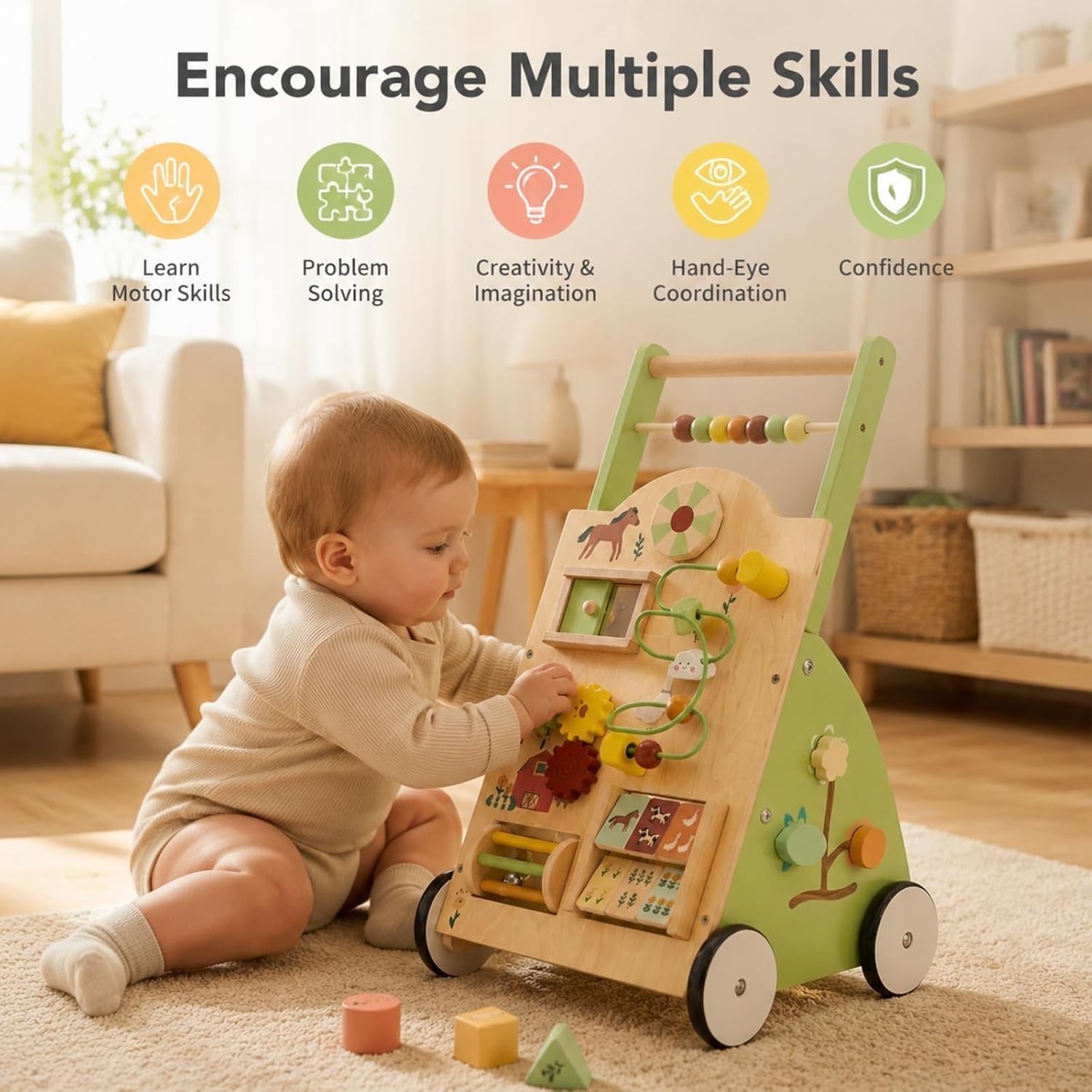 Wooden Baby Push Walker, Montessori Activity Toys with Adjustable Speed for 1 Ye