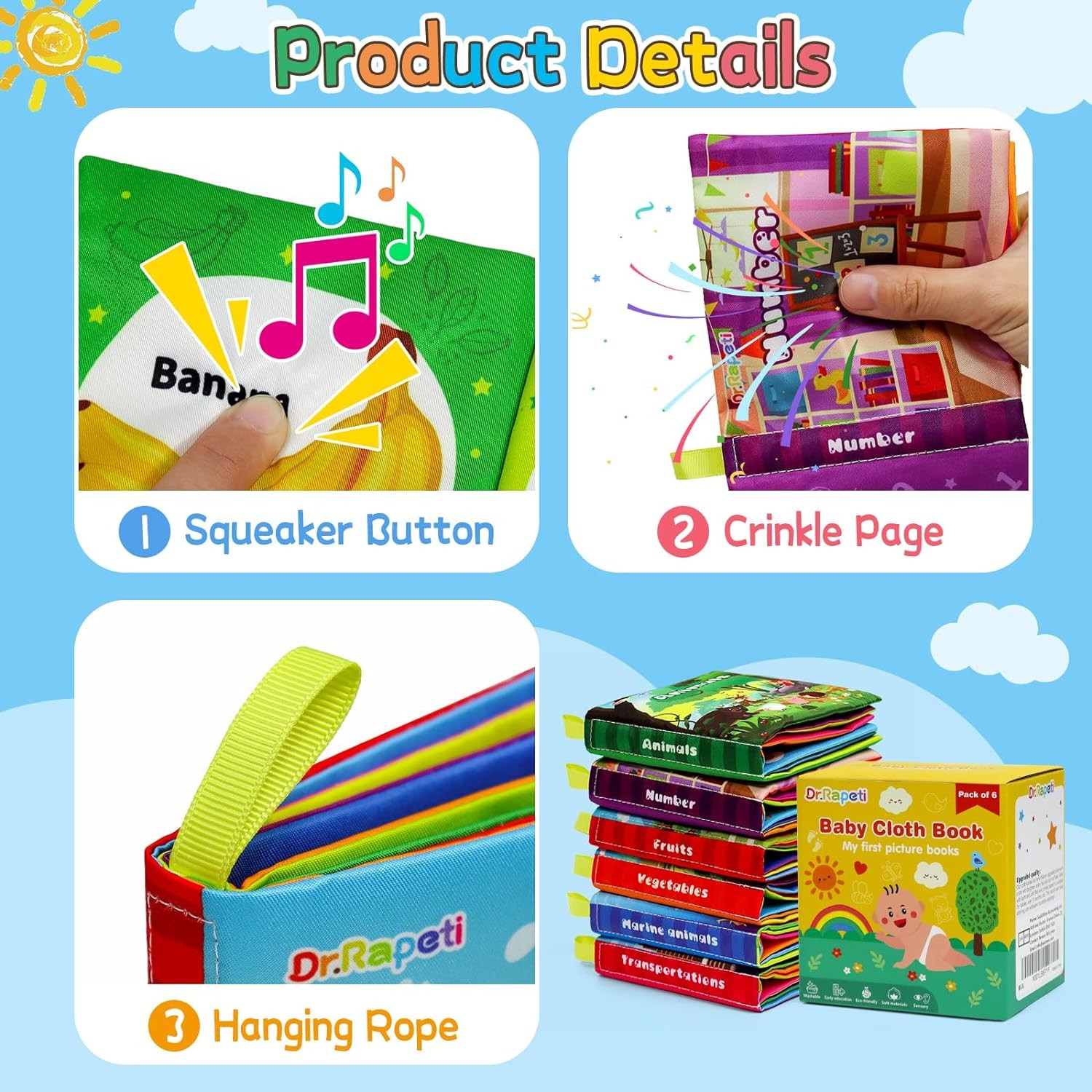 Dr.Rapeti Soft Cloth Books Baby Bath 6-Pack for Colorful 2