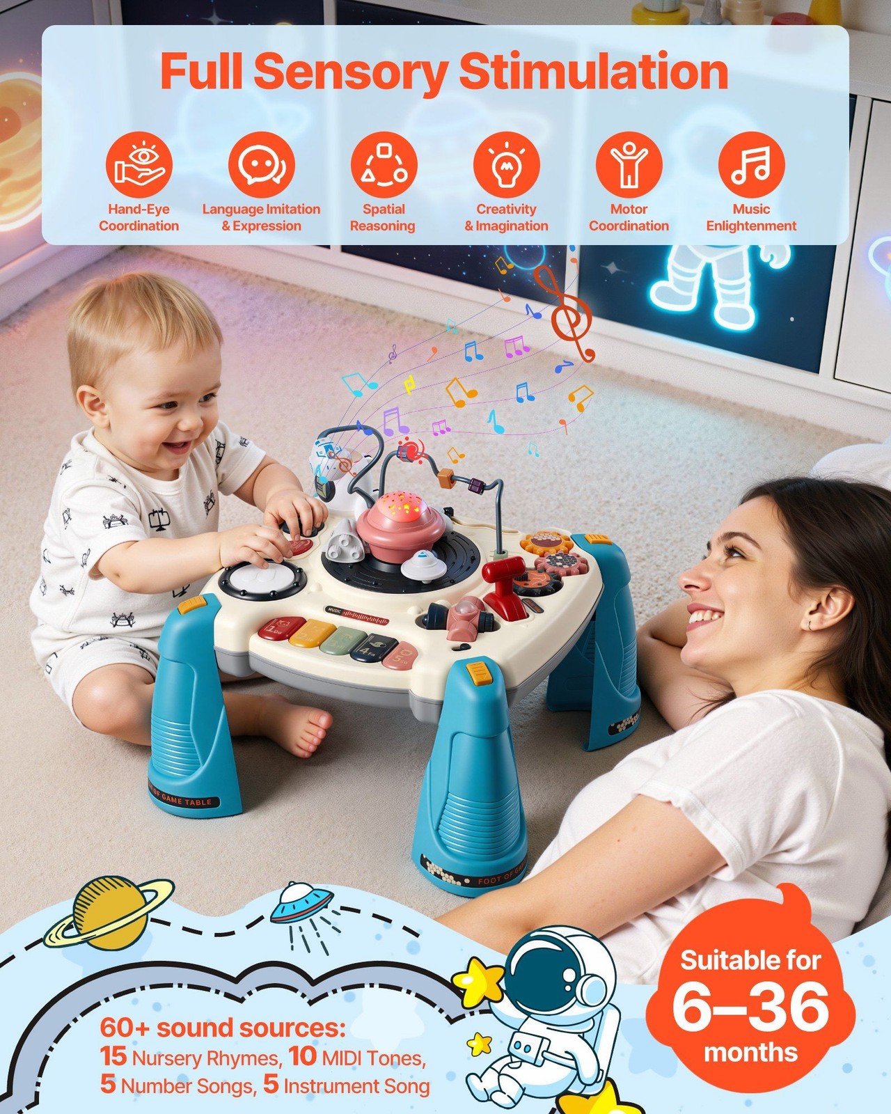 Sturdy ABS Space-Themed Toddler Table: Tummy-Time to Stand-and-Play