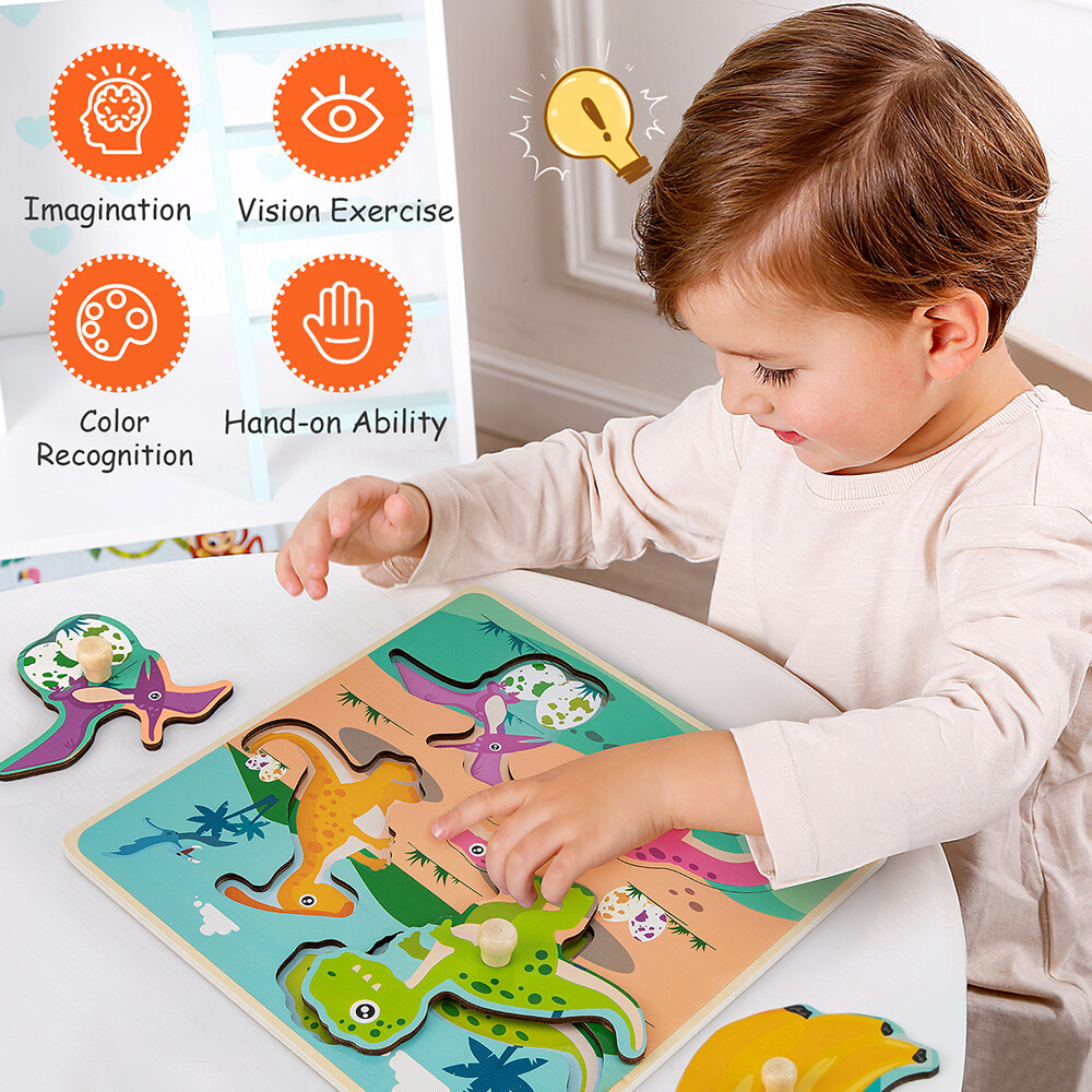 4 Pack Wooden Puzzles For Toddlers Baby Kids 1-3, Animals, Dinosaurs, Fruit