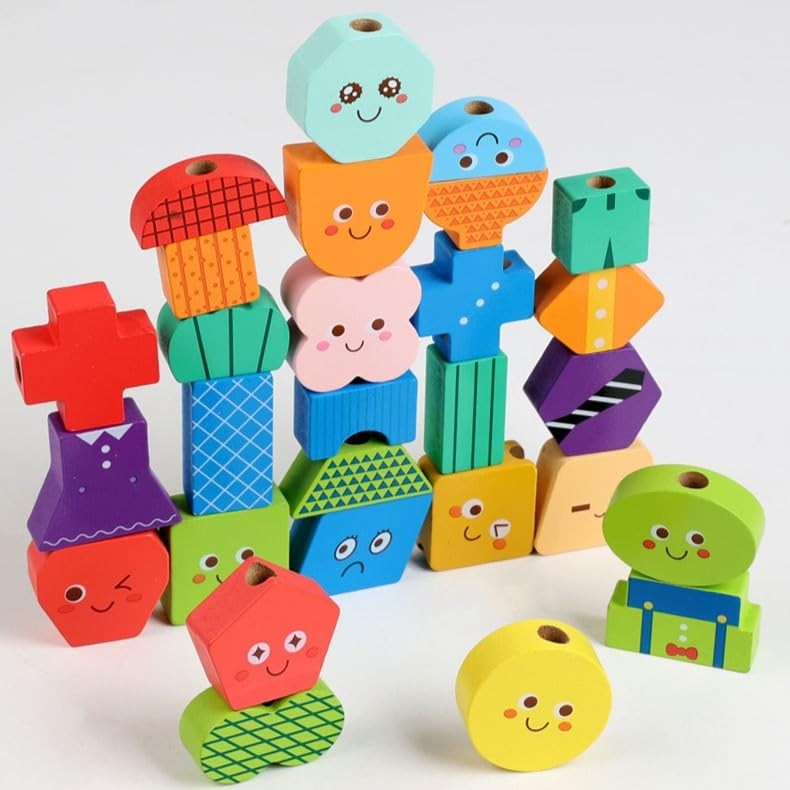Montessori Wooden Stacking Blocks Sequencing Game Lacing Beads Toy Set for Ki…