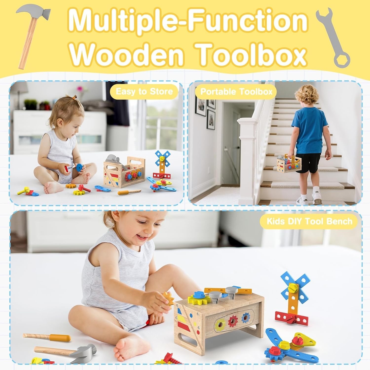 Toys for 2 Year Old Boy – Wooden Kids Tool Set with Apron, Montessori Toddler Be