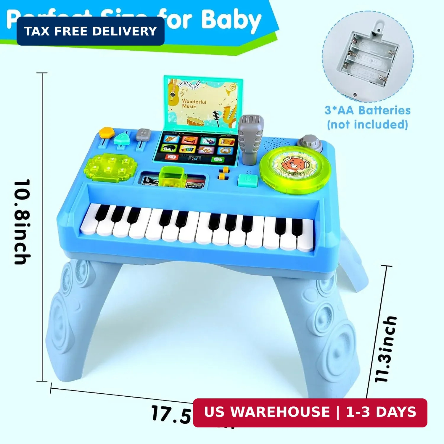Baby DJ Table for Toddlers 1-3, Musical Piano Toys 6-9-12-18 Small, Blue