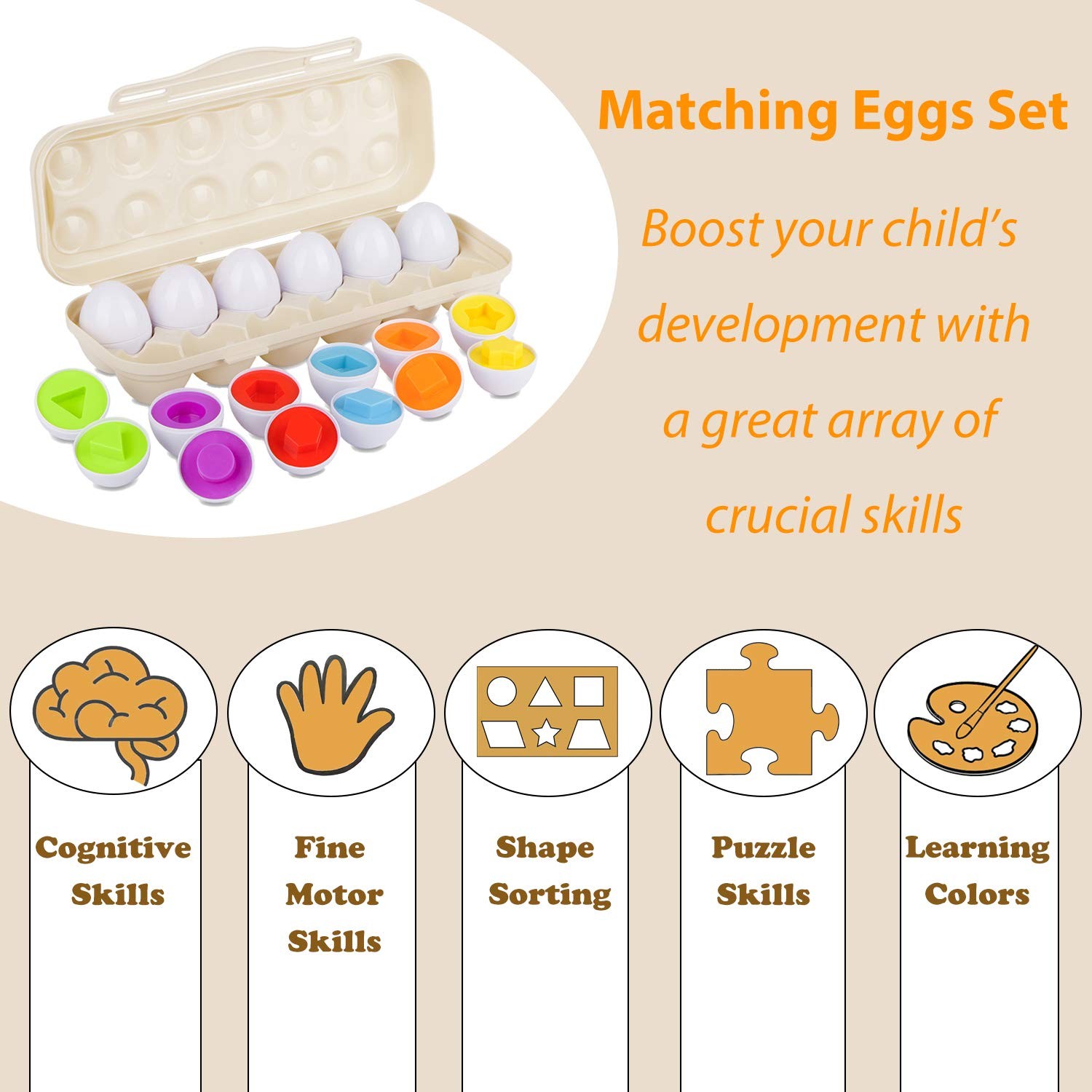 Hhyn Matching Eggs Set with Beige Holder, Upgraded Toddler 12 PCS,
