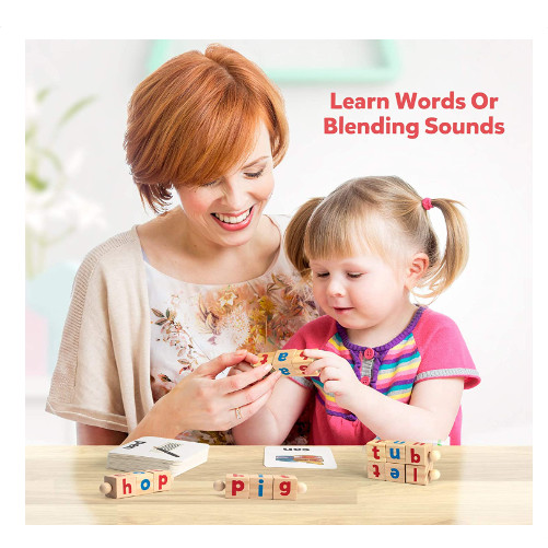 Coogam Wooden Reading Blocks Short Vowel Rods Spelling Games, Flash Cards Turnin