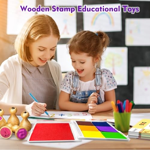 Montessori Wooden Letter & Number Stamps Set with 7-Color Ink Stamp Ink Pad Set