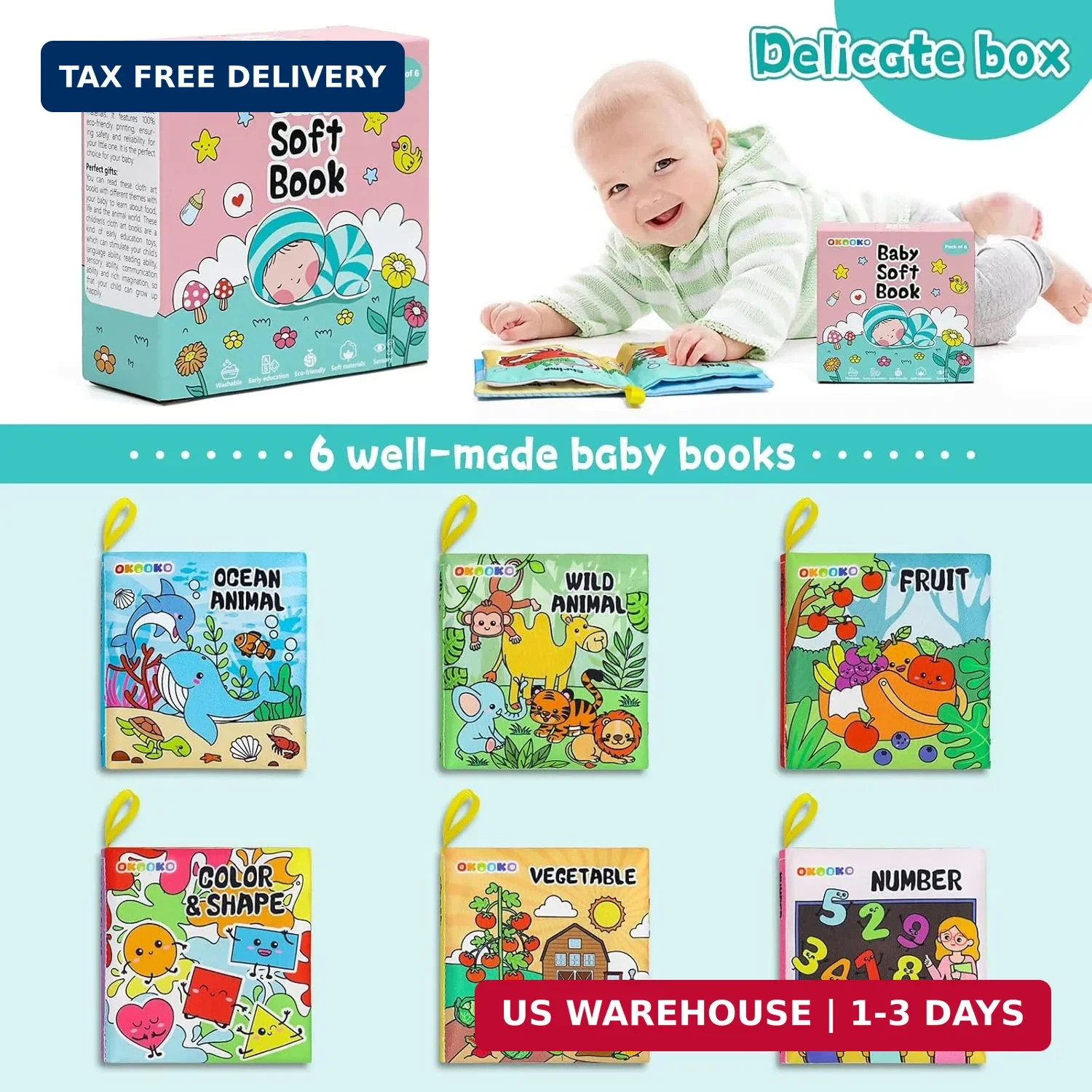 OKOOKO Soft Baby Books 6PCS Soft Cloth Books Bath Books Crinkle Washable Non-Tox