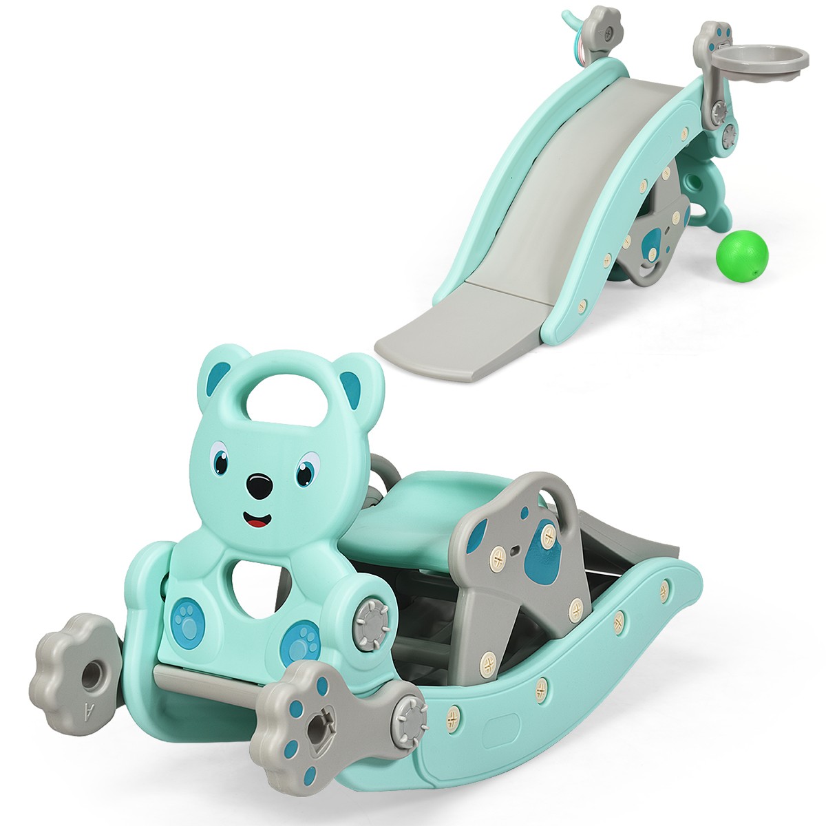 Baby Rocking Horse Slide Set 4-in-1 Kids Swing Toys w/ Basketball Hoop Ferrule