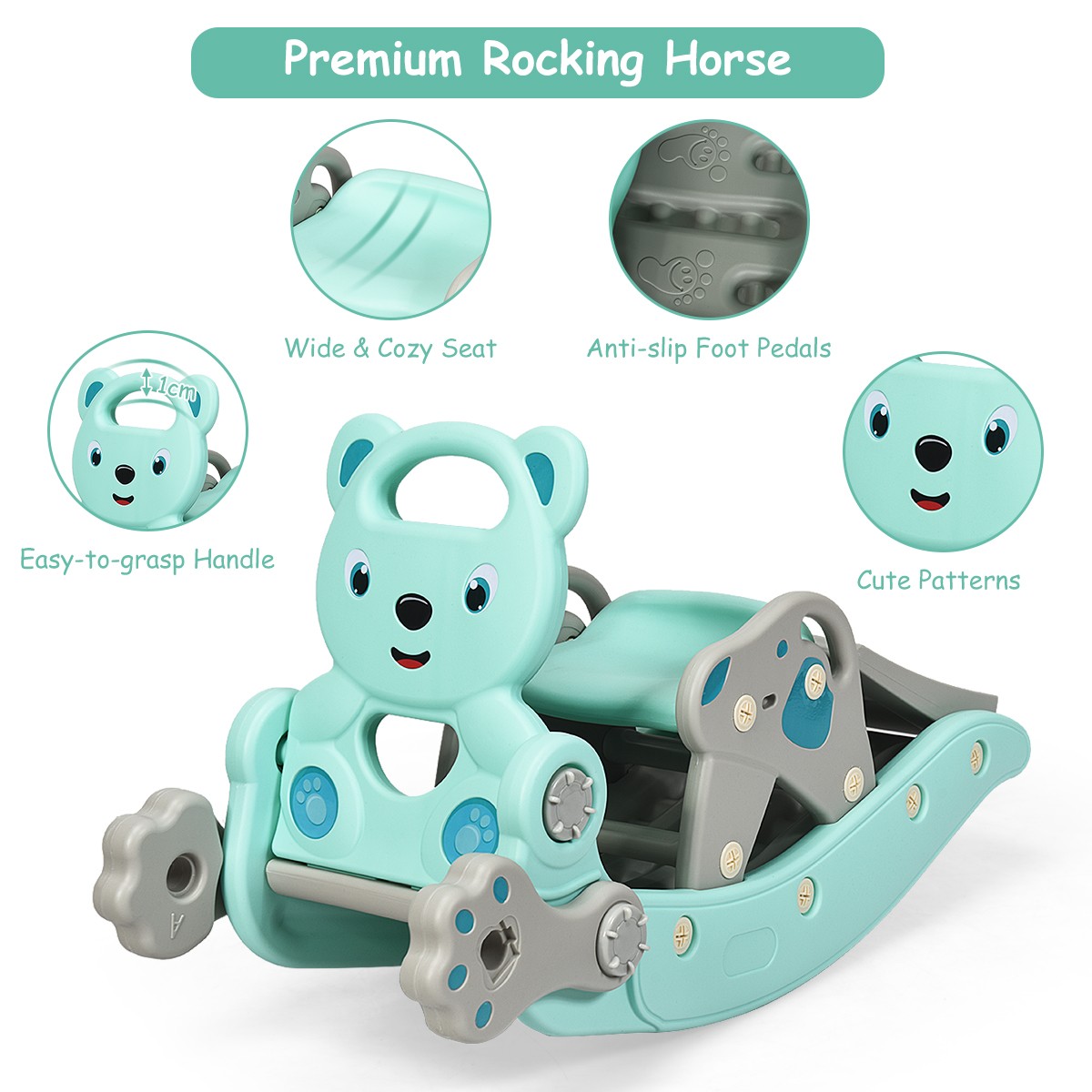 Baby Rocking Horse Slide Set 4-in-1 Kids Swing Toys w/ Basketball Hoop Ferrule