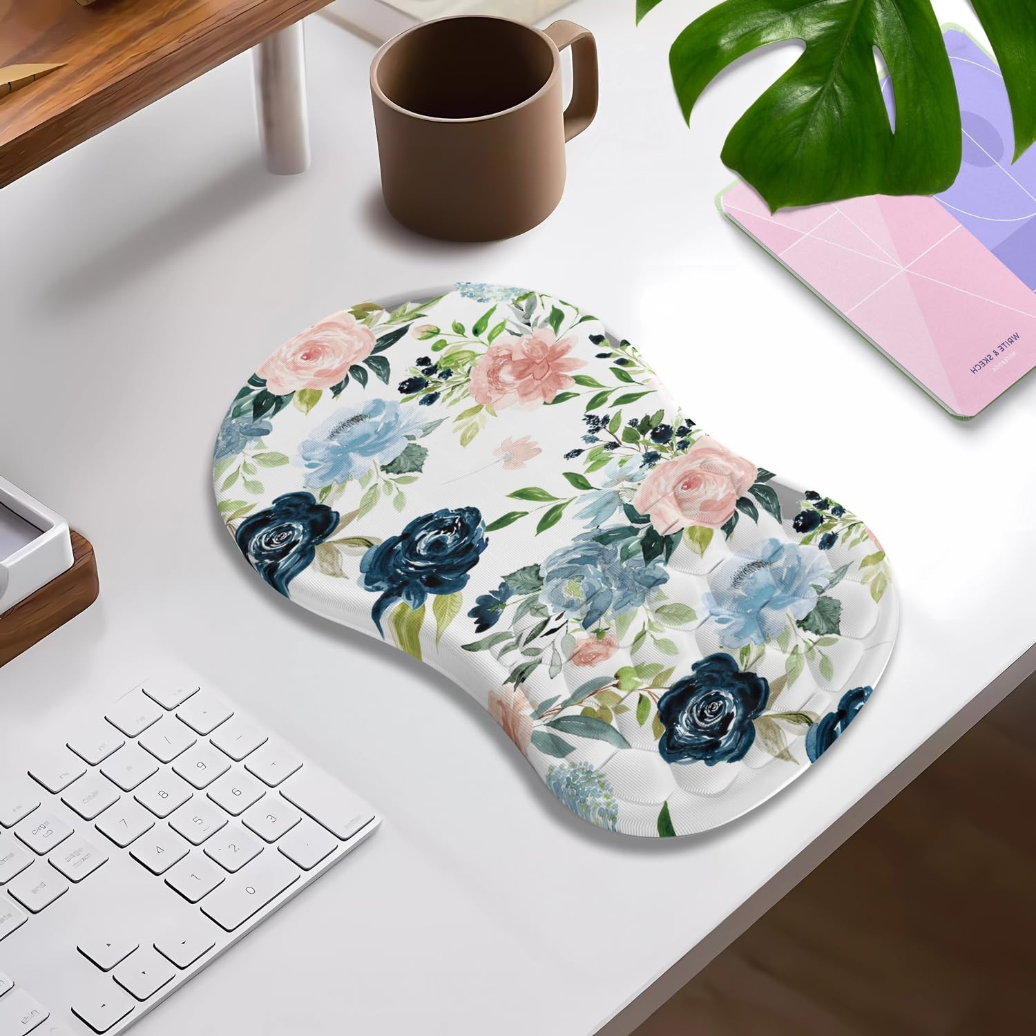 Plant Flowers Rose Leaf Mouse Pad With Wrist Support, Blue Pink Kawai Ergonom…