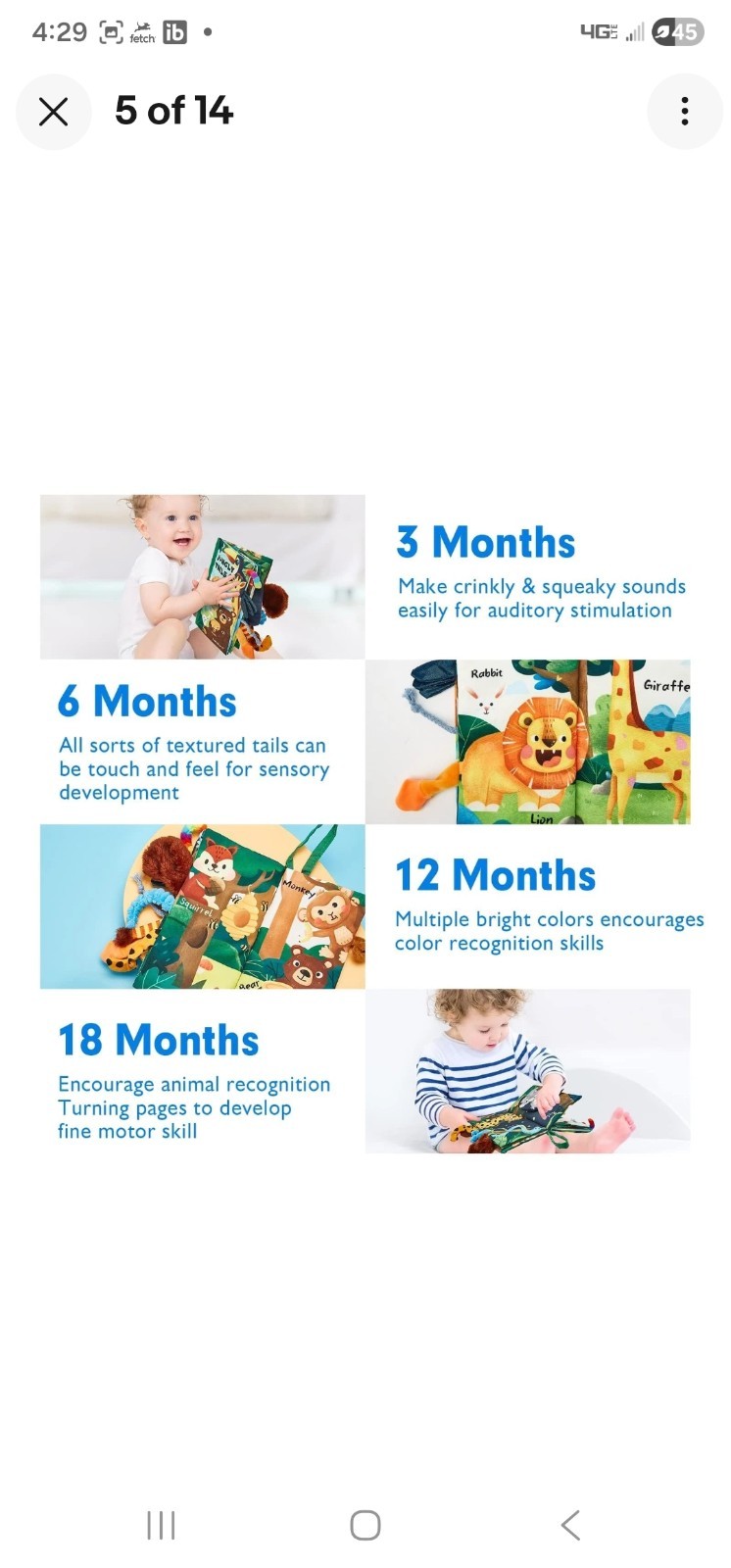 hahaland Baby Book 0-6 Months Infant Cloth Scensory Book Jungle Animal Tails