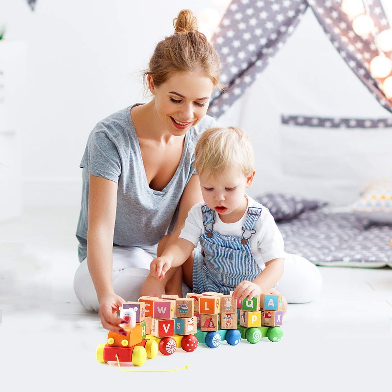 26 colorful letter blocks ABC Wooden block Cart Montessori Preschool Learning