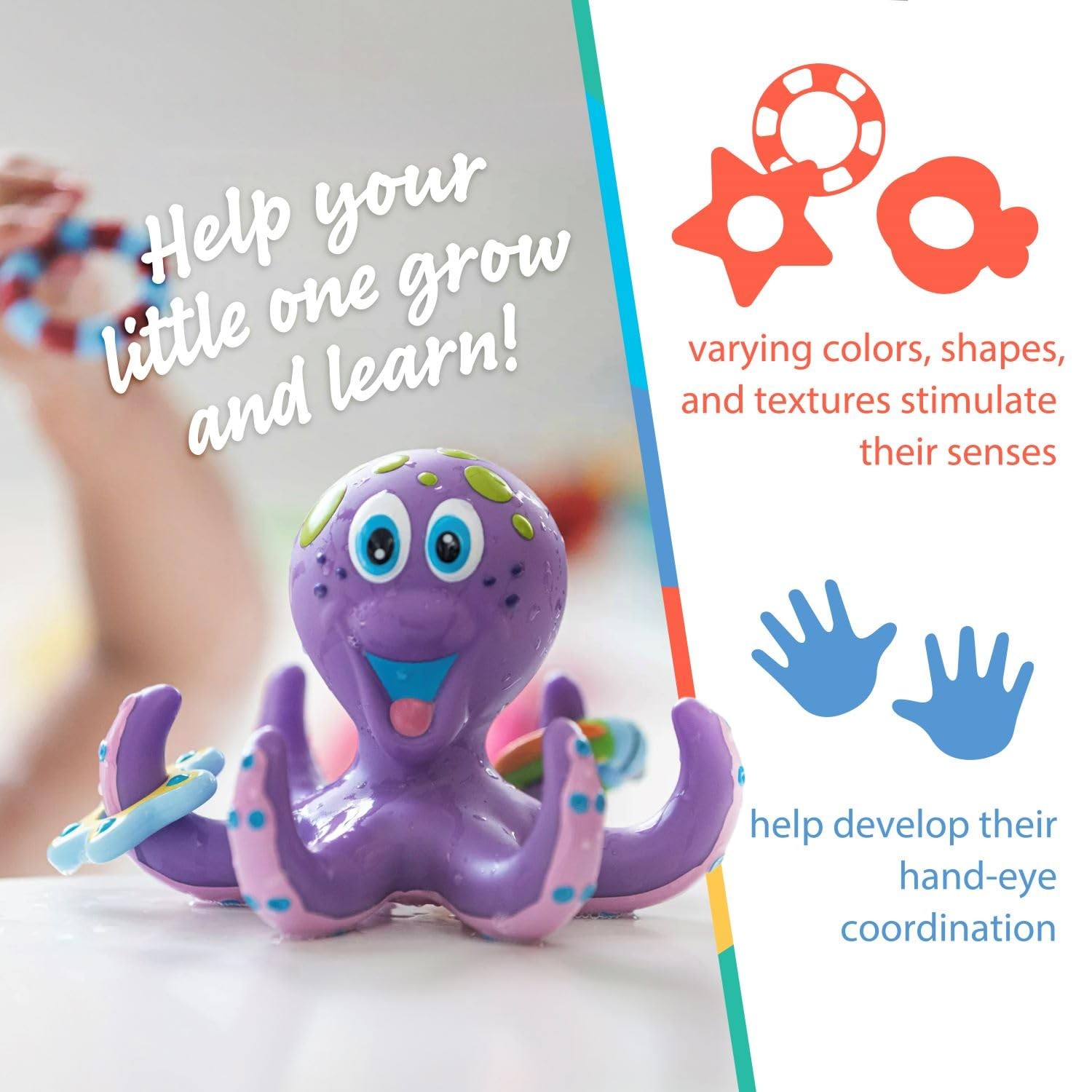 Nuby Floating Octopus with 3 Hoopla Rings – 4 Piece Set,