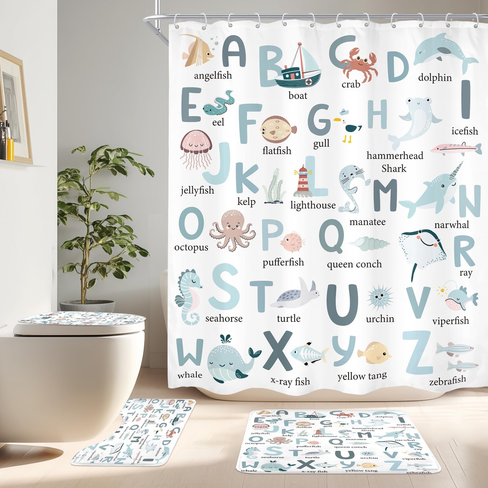 4Pcs Kids Shower Curtain Set, Cute Cartoon Alphabet ABC Sea Animal Blue Educa…