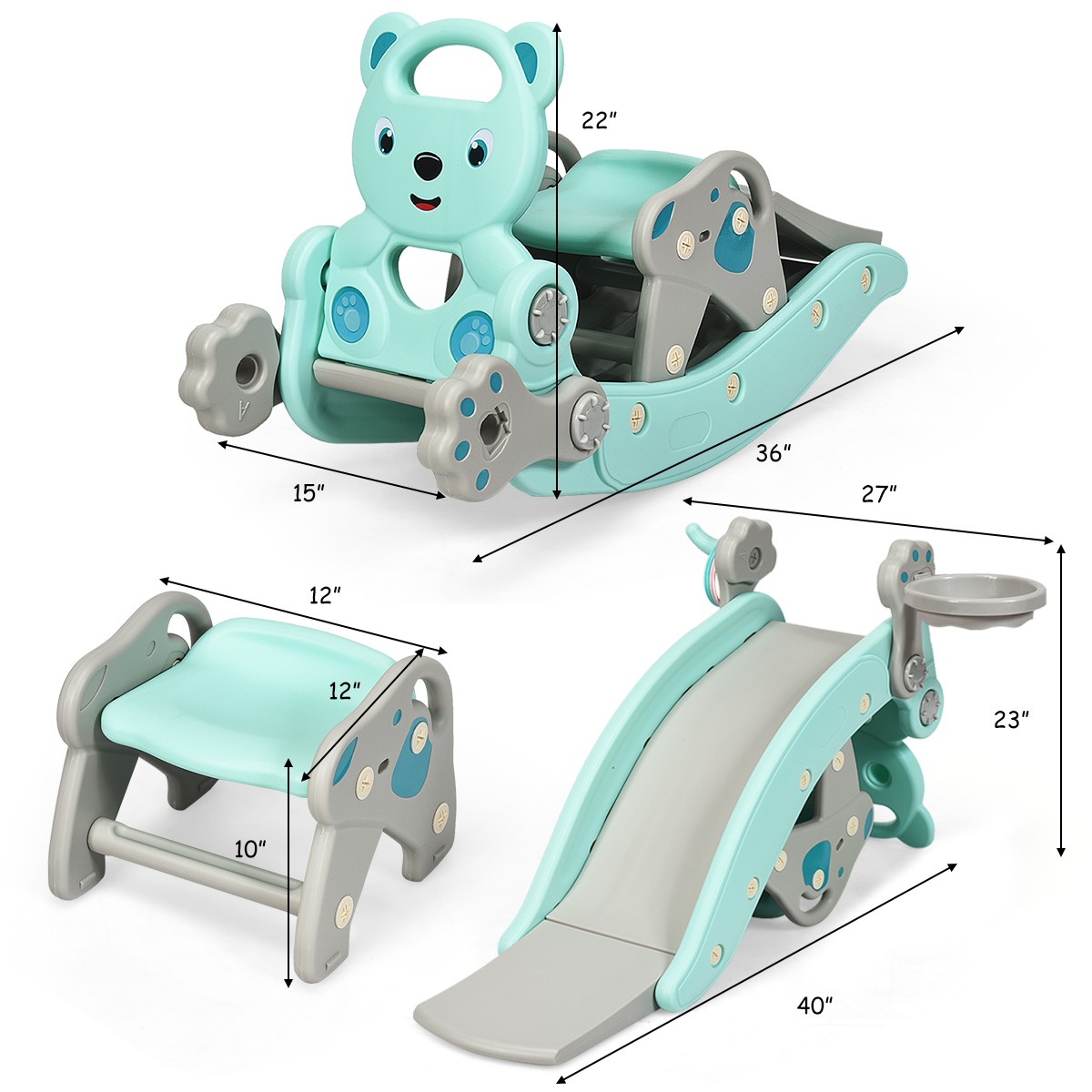 Baby Rocking Horse Slide Set 4-in-1 Kids Swing Toys w/ Basketball Hoop Ferrule