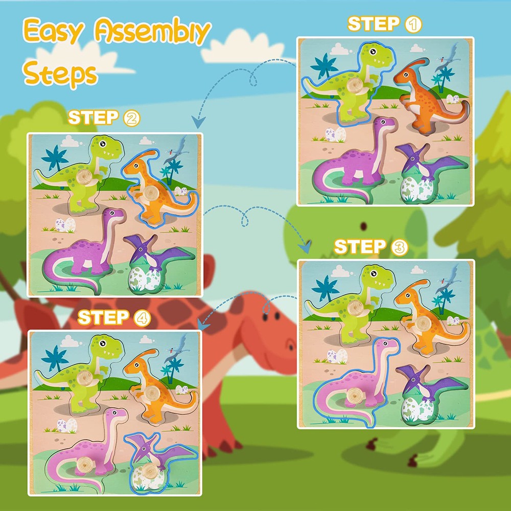 4 Pack Wooden Puzzles For Toddlers Baby Kids 1-3, Animals, Dinosaurs, Fruit