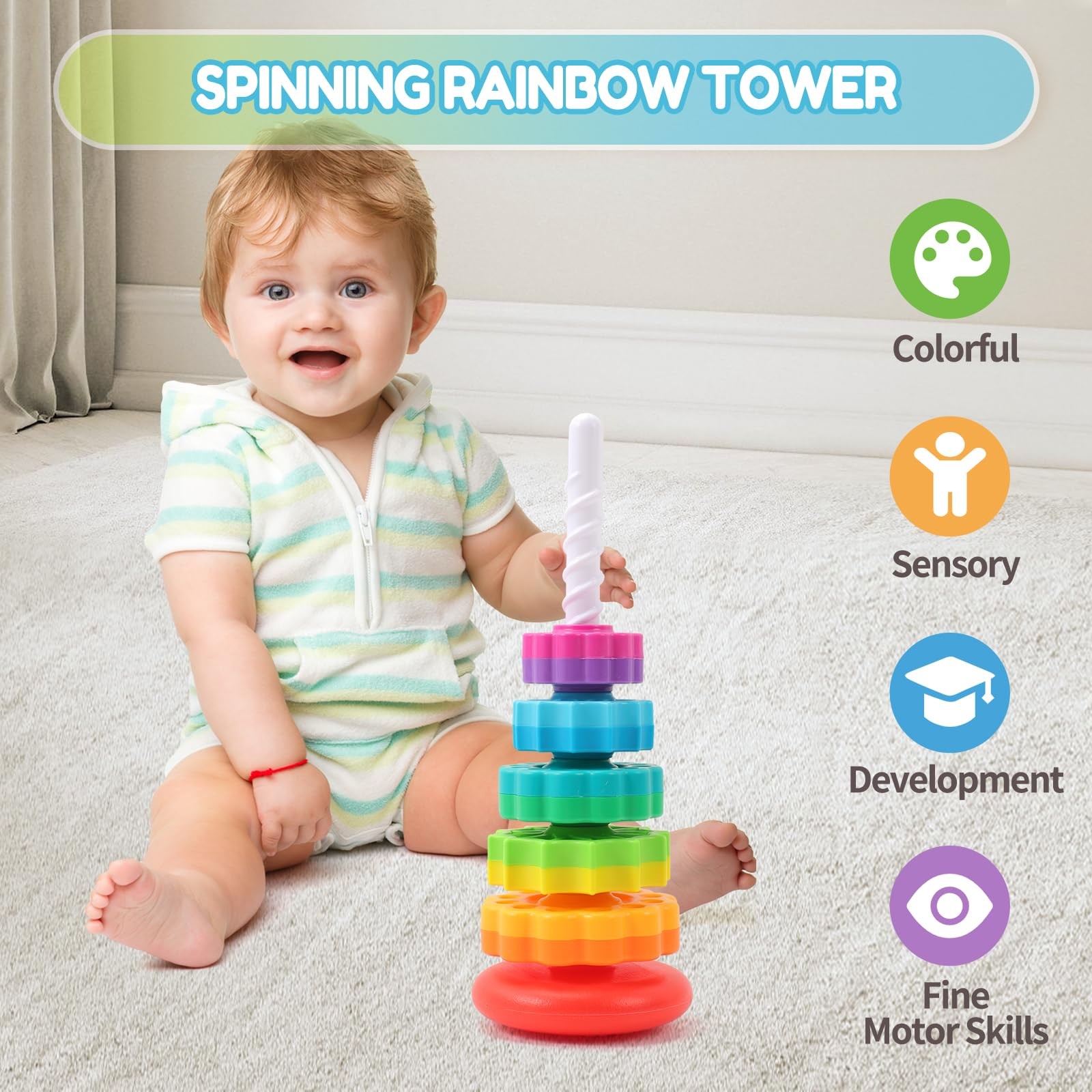 Baby Spinning Stacking Toys, 1-3 Rainbow Ring Stacker Montessori Toys for Bab…