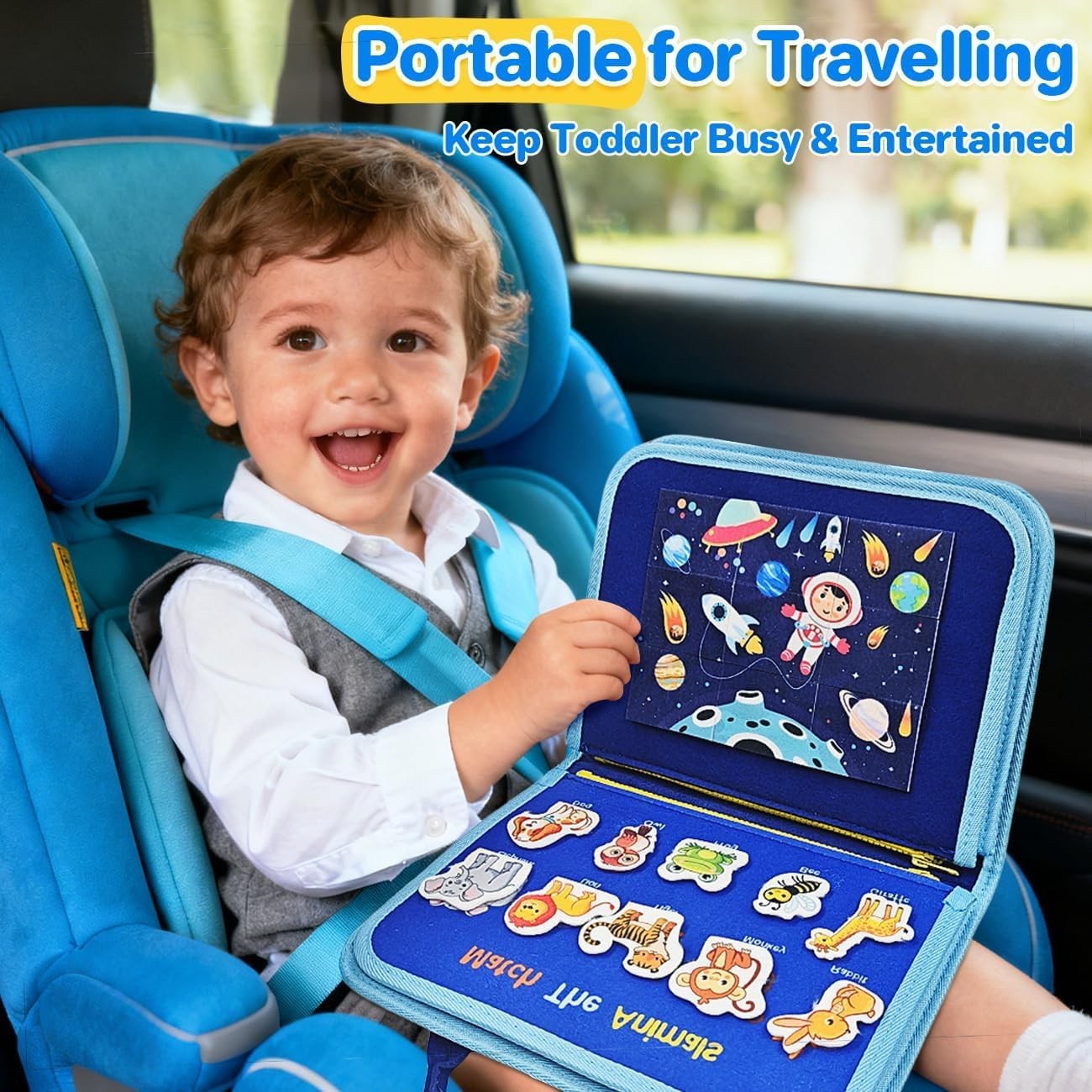 Toddler Busy Board, Montessori Toys for Boys and Girls, Birthday Gift, Blue.