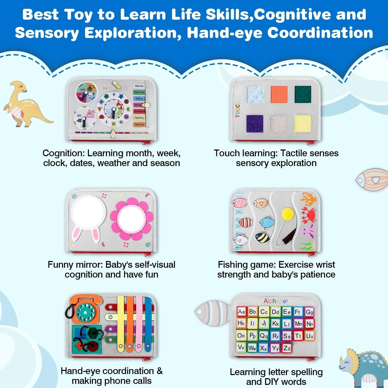 Gray Montessori Busy Board – 8 Interactive Pages for Learning Fine Motor Skills